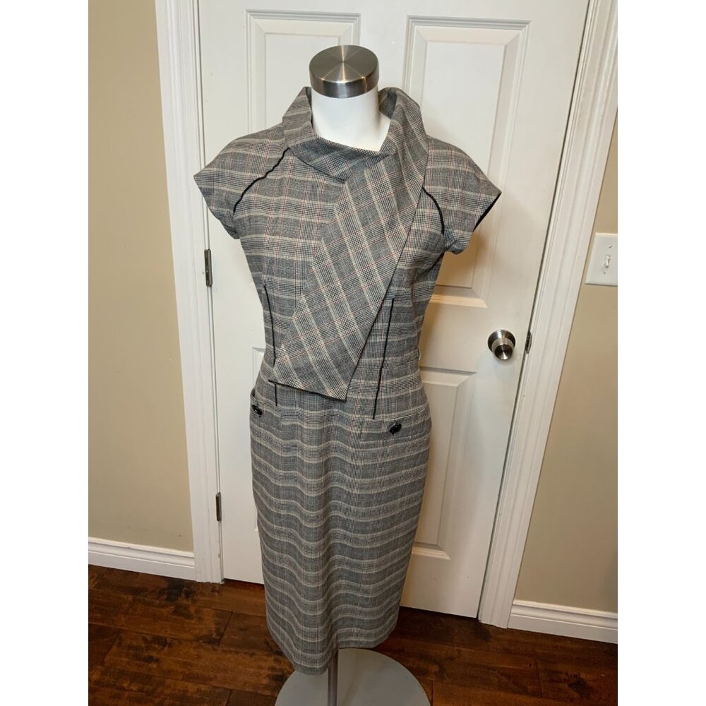 Purification Garcia Gray Houndstooth Check Bow Neck Shift Dress, Size 8 | 40